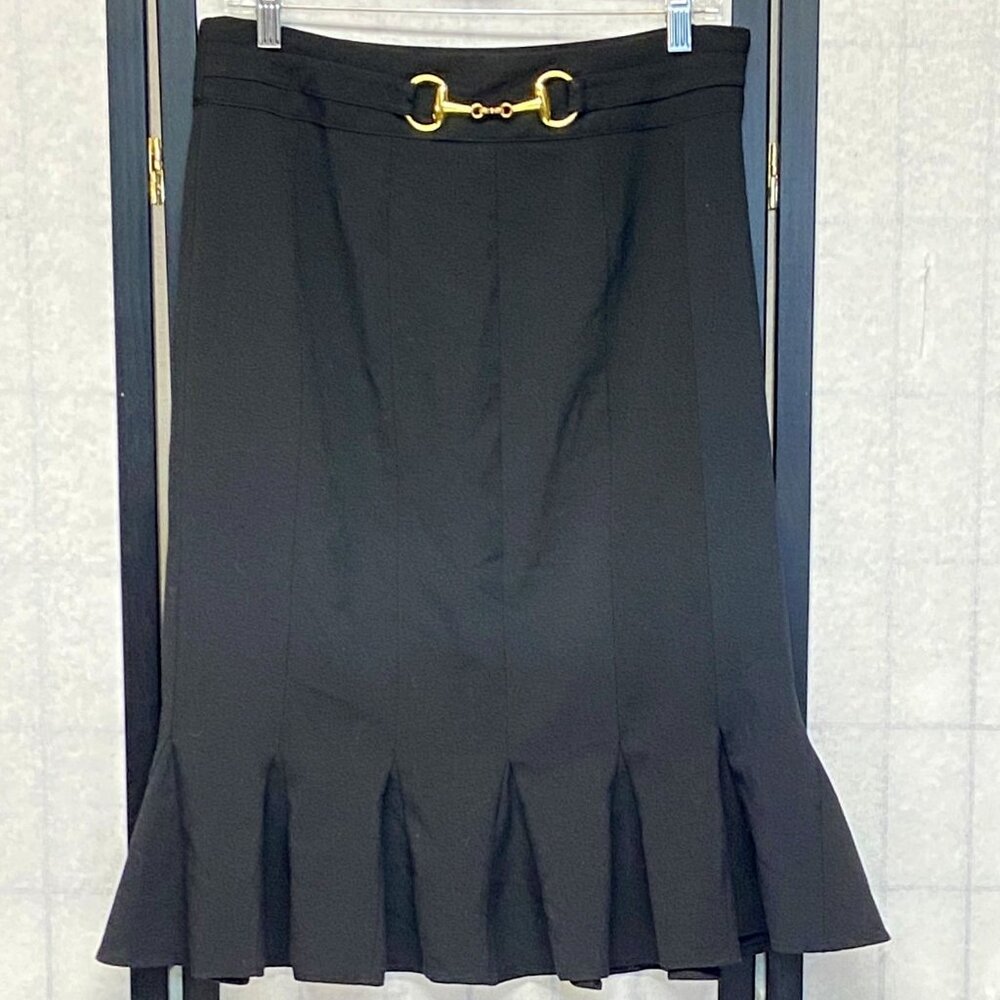 Sunny Leigh Vintage Black Midi Skirt 10Belt Gored Godet Swirl Hem Classic Retro